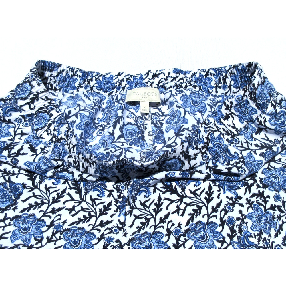 Talbots Womens 10 Blue-White Floral Print Lightweight Elastic-Waist Boho Pants - Picture 5 of 6